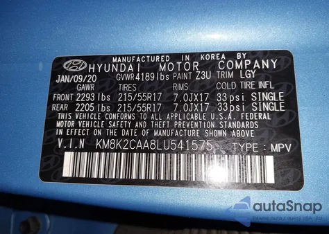 2020 Hyundai Kona Sel z USA, uszkodzony, nr VIN KM8K2CAA8LU541575